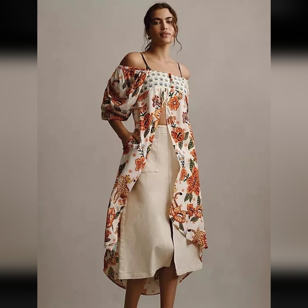 Farm Rio Anthropologie Long Tunic Top Duster Shirt Dress Leopard Floral